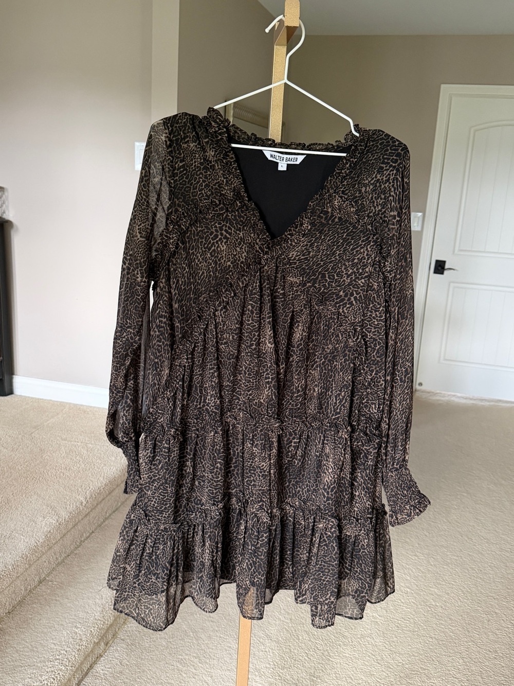 Walter Baker Brown and Black Printed Ruffle-Tier Long Sleeve Dress